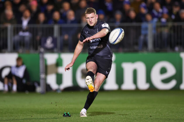 Bath's Finn Russell kicks a conversion during the 2026 Champions Cup quarter-final against Northampton Saints.