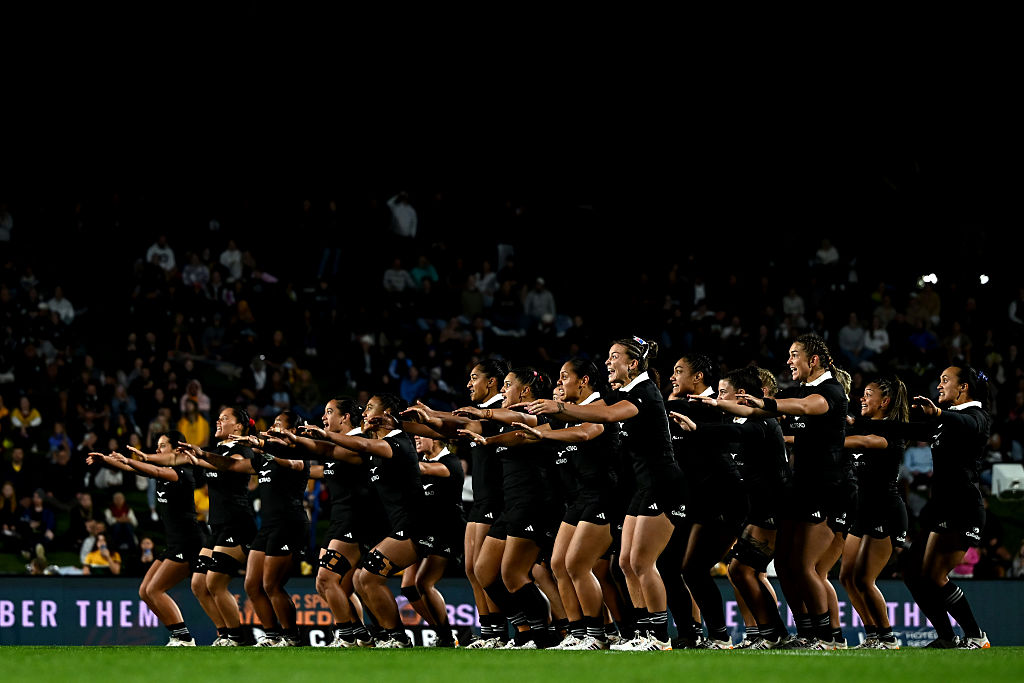 The New Zealand Haka during the 2025 Pacific Four Series and O'Reilly Cup match between the Wallaroos and the Black Ferns.