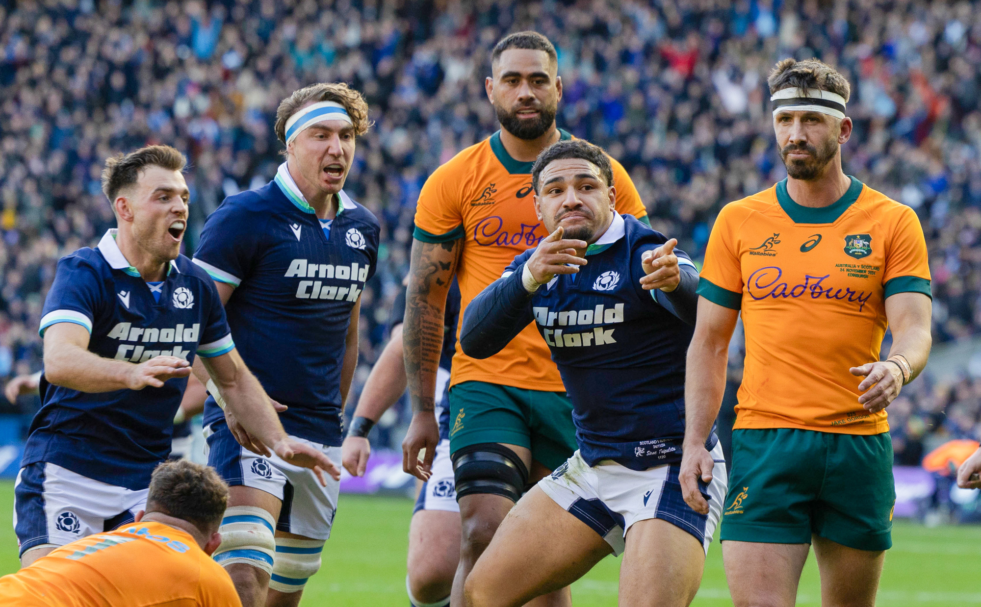 Scotland's Sione Tuipulotu celebrates scoring a try against Australia during the November 2024 Autumn Nations Series match