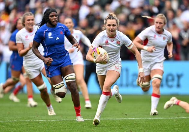 Ellie Kildunne scores England's fourth try during the 2025 Women's World Cup semi-final against France
