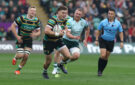 Northampton Saints' Tommy Freeman runs with the ball as Leicester Tigers' Tommy Reffell looks on during the October 2025 Gallagher PREM match at Franklin's Gardens.