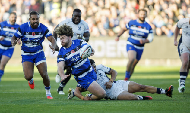 Bath’s Alfie Barbeary goes to ground during the October 2025 Prem Rugby match against Bristol Bears