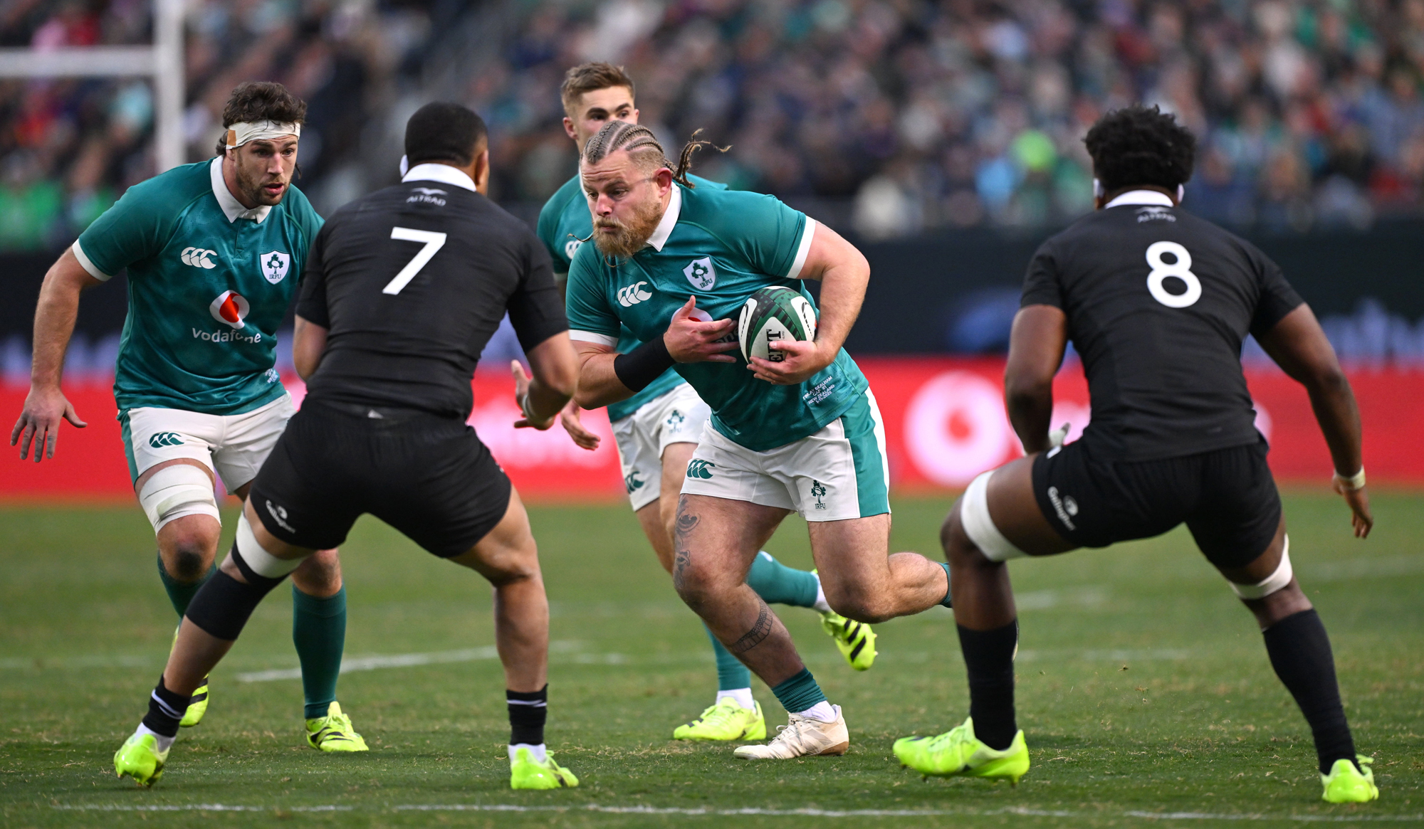 Ireland's Finlay Bealham runs with the ball during the November 2025 international against New Zealand