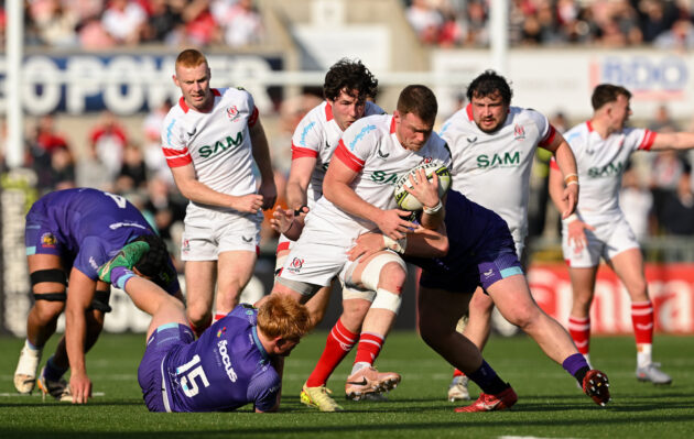 Ulster's Zac Ward is tackled by Exeter's Ben Hammersley in the 2026 Challenge Cup semi-final