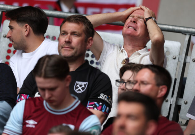 West Ham fans show their dejection after going 1-0 down during the Premier League match between Brentford and West Ham United at Gtech Community Stadium on May 02, 2026 in Brentford, England. (Photo by Julian Finney/Getty Images)