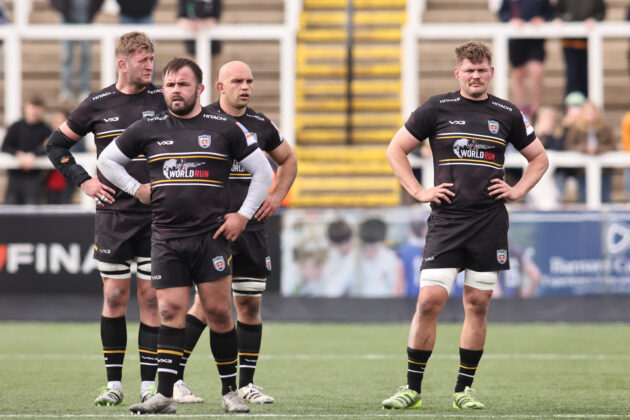 Jamie Hodgson, George McGuigan, Tom Christie, and Freddie Clarke of Newcastle Red Bulls show dejection during the Gallagher Premiership Rugby match between Newcastle Red Bulls and Harlequins at Kingston Park in Newcastle, United Kingdom, on May 10, 2026. (Photo by MI News/NurPhoto)