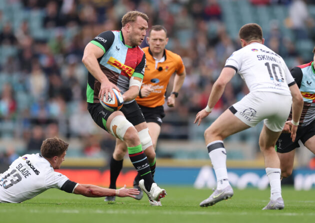 Alex Dombrandt of Harlequins runs with the ball during the Gallagher PREM match between Harlequins and Exeter Chiefs at Allianz Stadium on May 16, 2026 in London, England. (Photo by Warren Little/Getty Images)