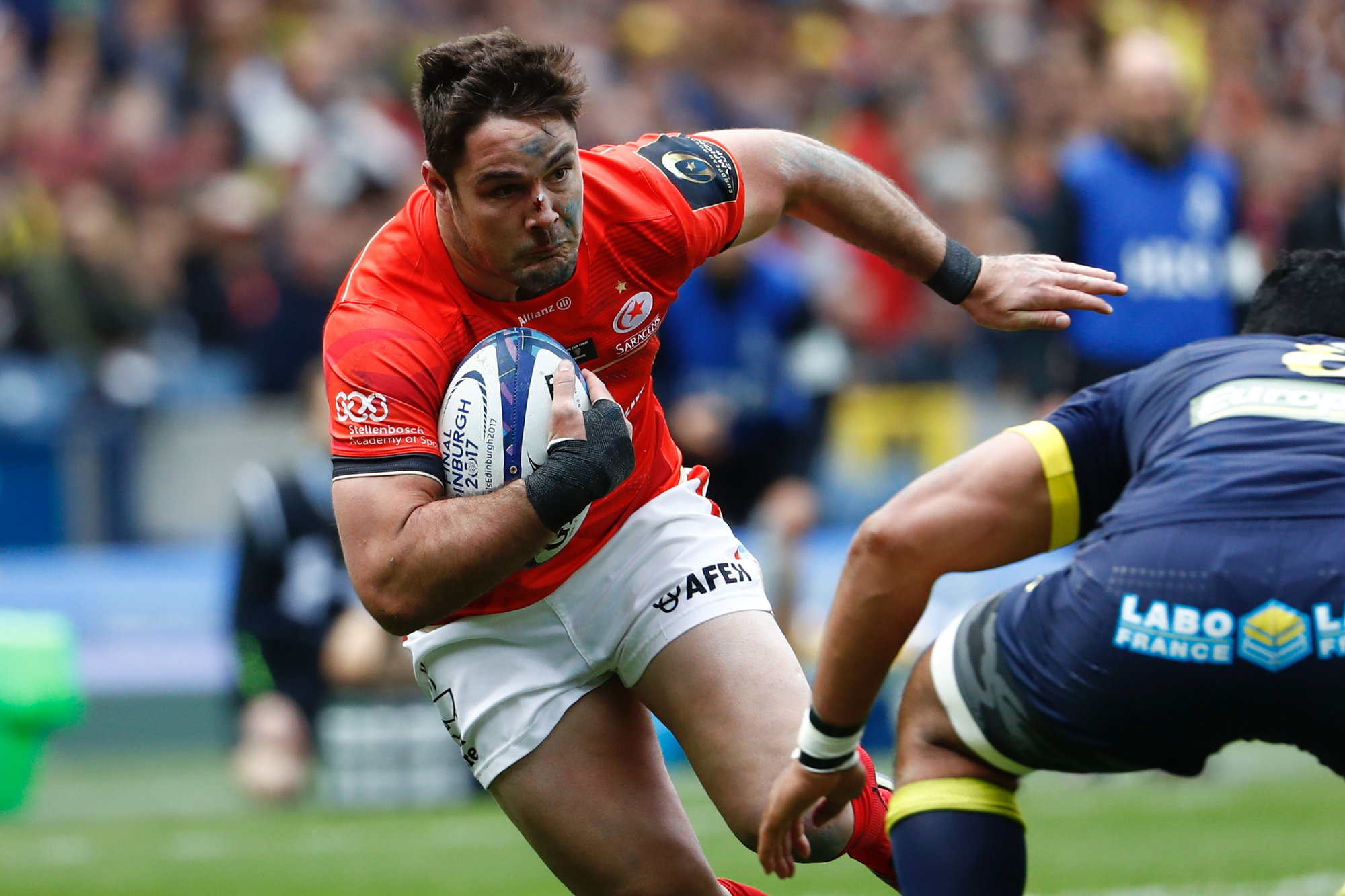 Saracens' Brad Barritt breaks with the ball during the 2017 Champions Cup final against Clermont Auvergne