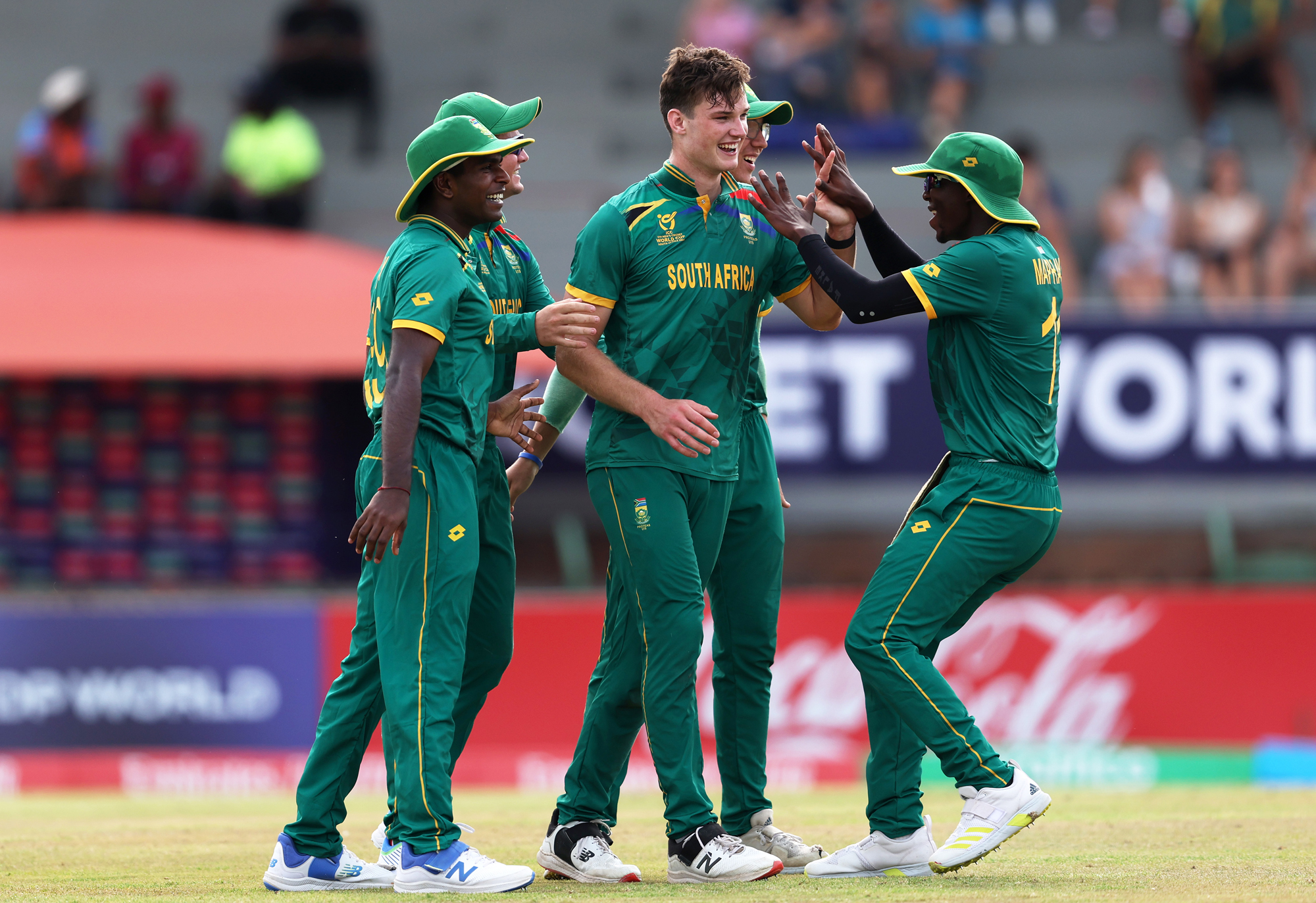 Riley Norton celebrates with teammates after taking a wicket for South Africa during the 2024 U19 cricket World Cup
