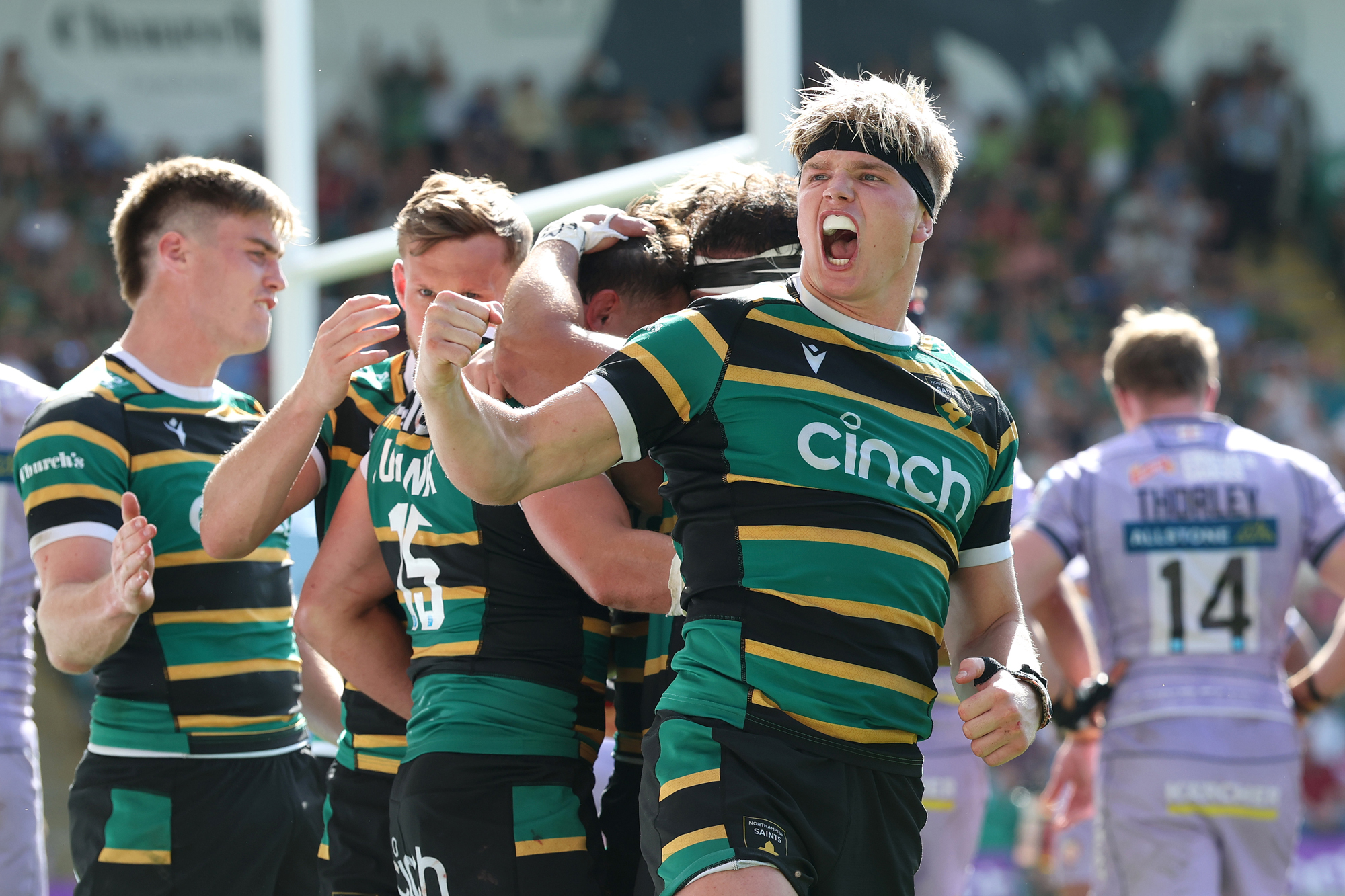 Henry Pollock celebrates a Northampton Saints try during the May 2026 PREM match against Gloucester