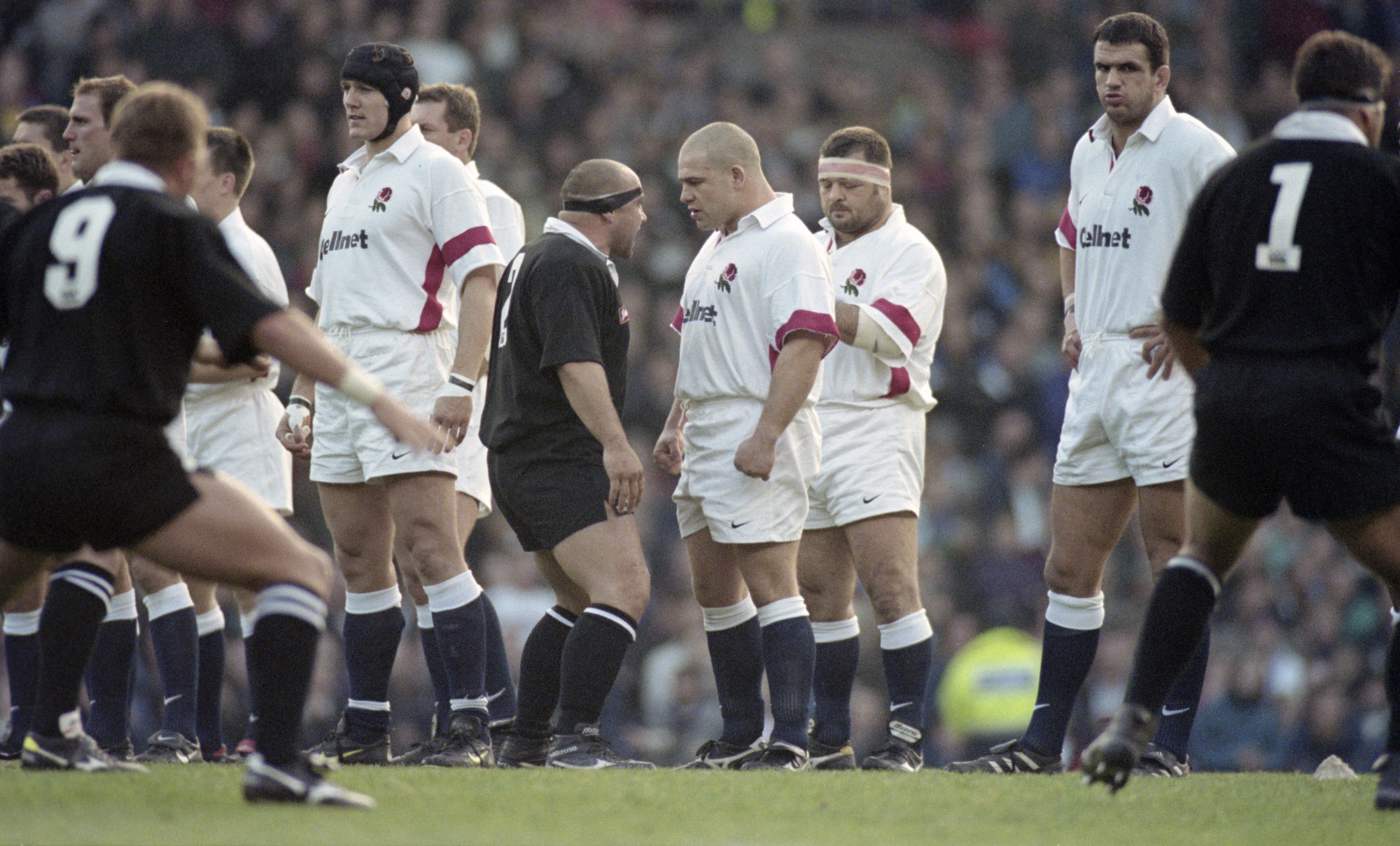 England's Richard Cockerill confronts New Zealand's Norm Hewitt during the Haka at a 1997 international at Old Trafford in Manchester