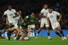 South Africa's wing Cheslin Kolbe and England's full-back Freddie Steward compete for the ball during the Autumn Nations Series International Rugby Union match between England and South Africa in November 2024