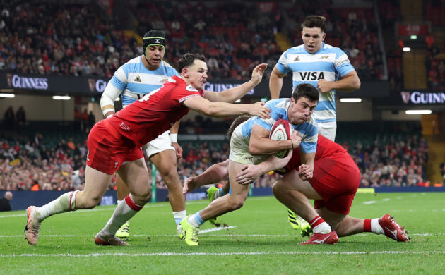Argentina's Santiago Carreras scores his team’s fifth try during the November 2025 international against Wales in Cardiff.