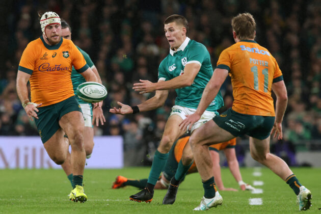 Sam Prendergast of Ireland passes the ball during the November 2025 match against Australia.