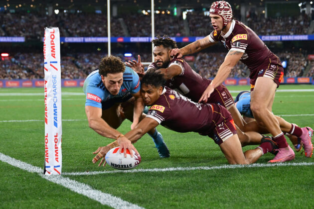 Mark Nawaqanitawase of the New South Wales scores a try in the second 2026 State of Origin match.