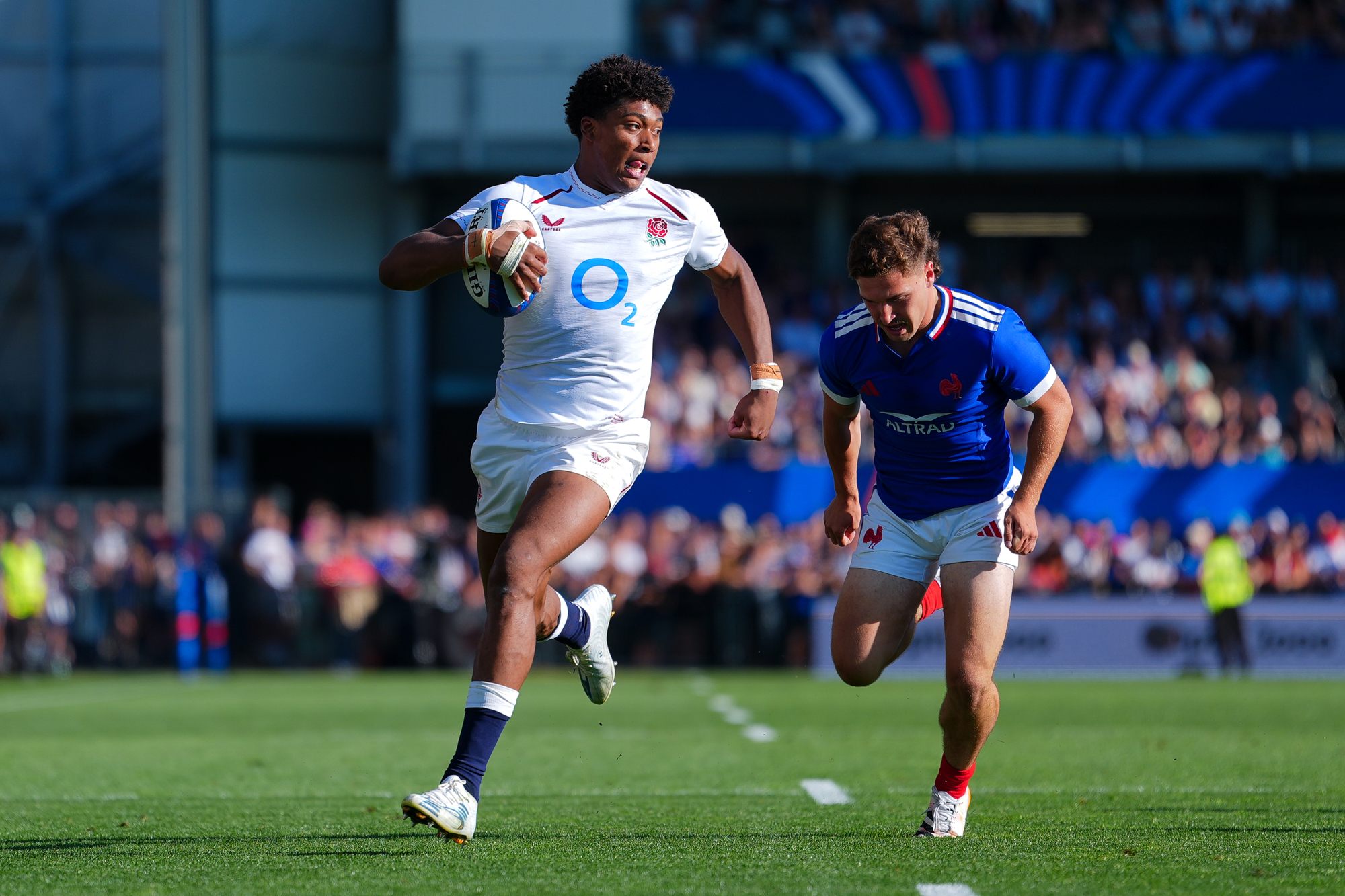 England’s Noah Caluori runs with the ball during the uncapped international against a France XV in June 2026