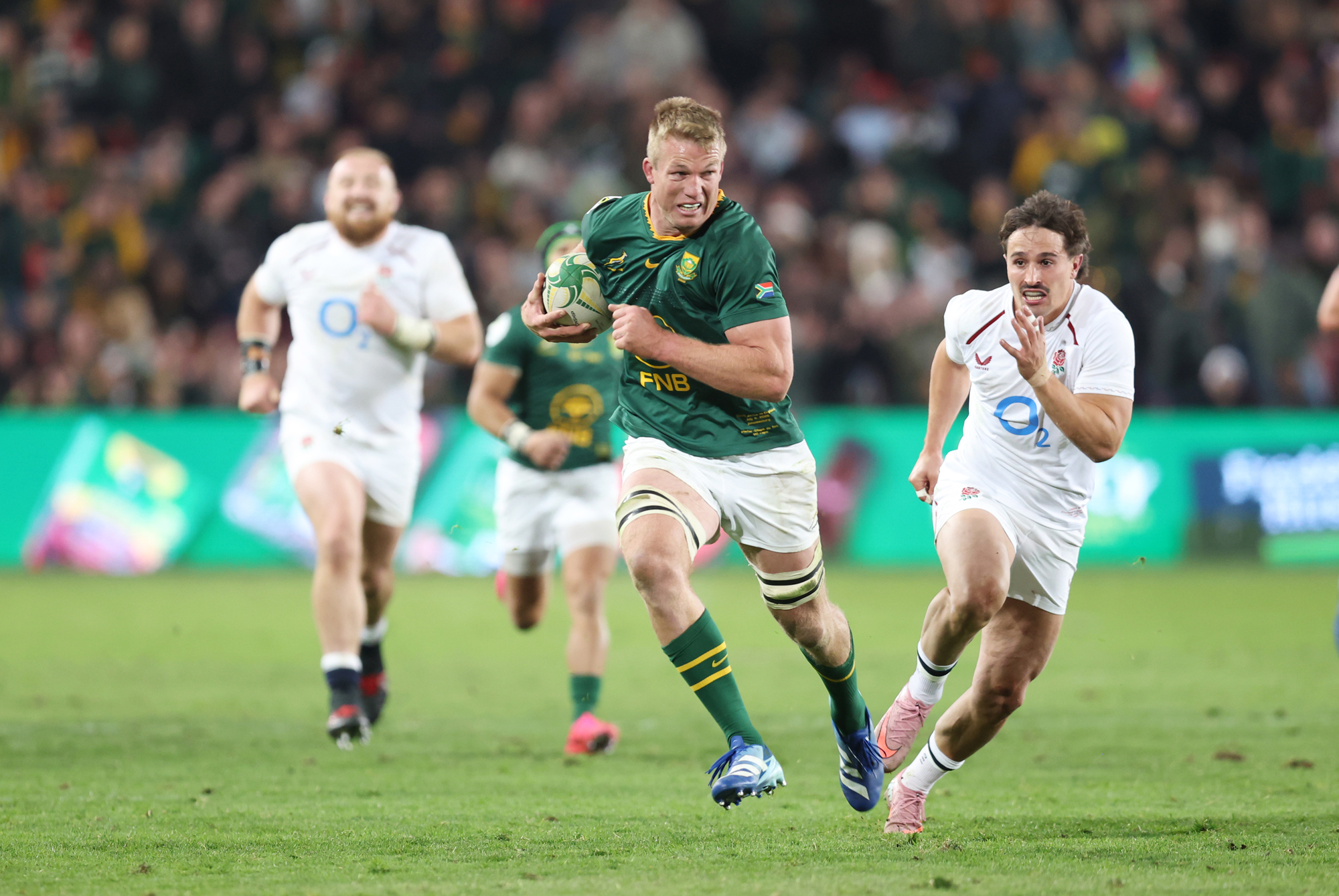 Pieter-Steph du Toit of South Africa runs away from England players during the July 2026 Nations Championship match at Ellis Park, Johannesburg