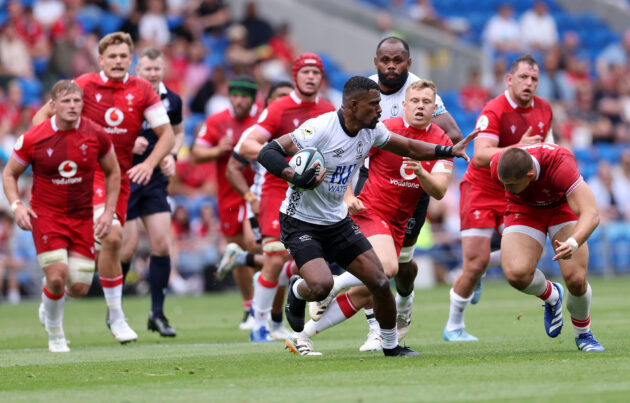Jiuta Wainiqolo of Fiji is surrounded by Wales players during their opening Nations Championship match in Cardiff