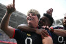 England's Henry Pollock (L) celebrates after scoring the team's tenth try during the Rugby Union Nations Championship match between Fiji and England at Hill Dickinson Stadium in Liverpool on July 11, 2026.