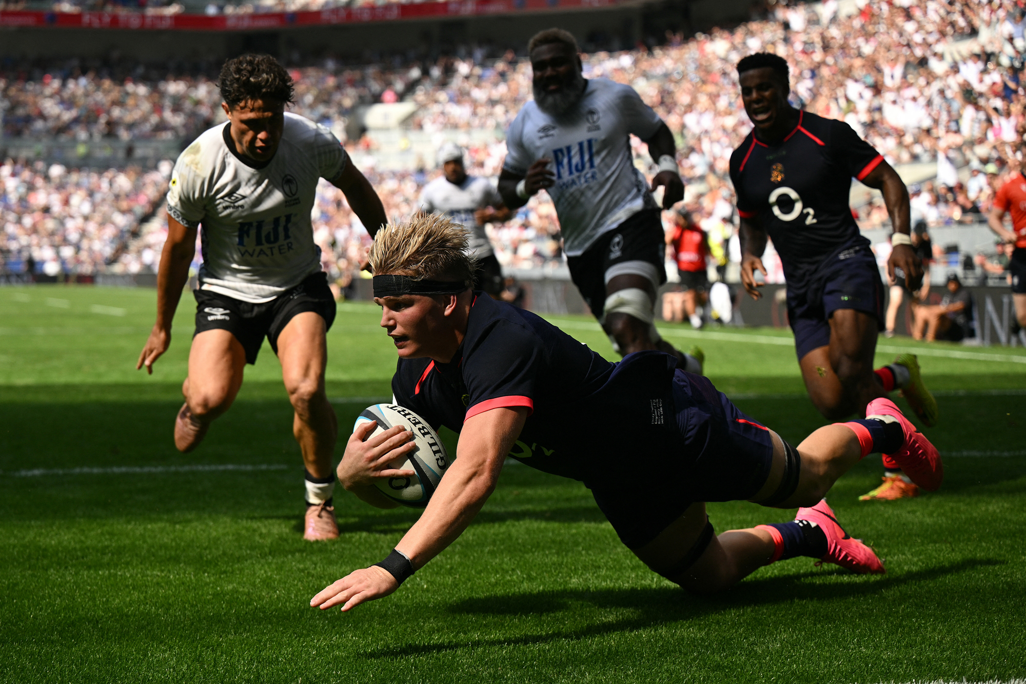 England’s Henry Pollock scores the second of his three tries in the July 2026 Nations Championship match against Fiji