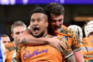 Brandon Paenga-Amosa of the Wallabies celebrates scoring a try with Jeremy Williams during the Nations Championship match between Australia Wallabies and France at Suncorp Stadium on July 11, 2026 in Brisbane, Australia