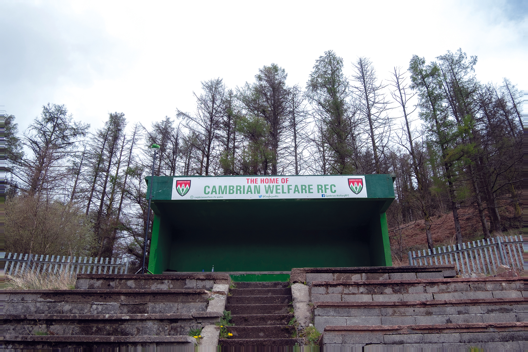 A photo of the sole covered stand at Cambrian Welfare RFC
