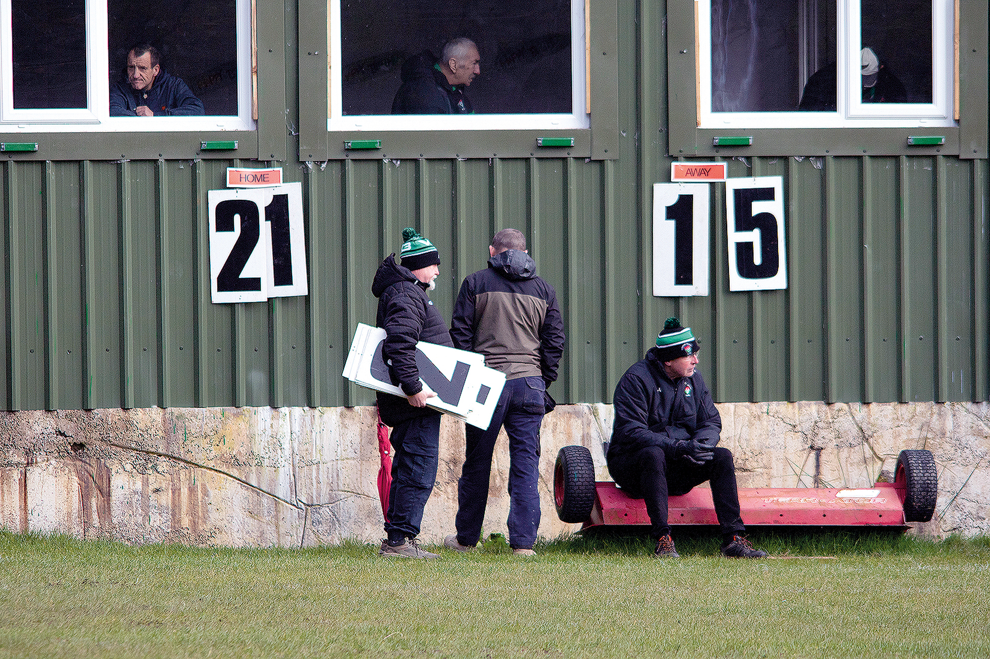 The scoreboard at Cambrian RFC showing 21-15 score in favour of the home team