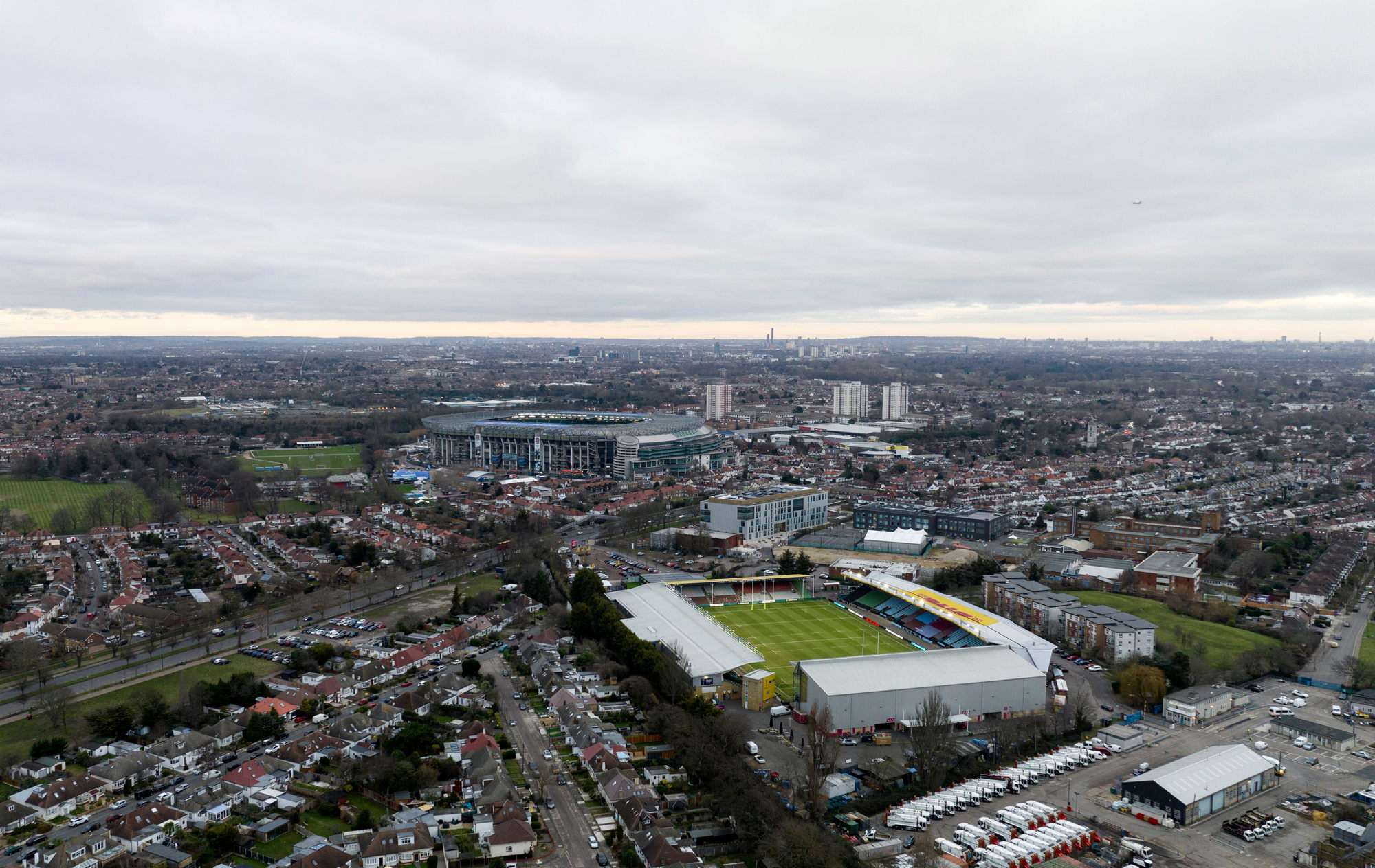 An aerial view of Twickenham Stoop, with Allianz Stadium, Twickenham in the background