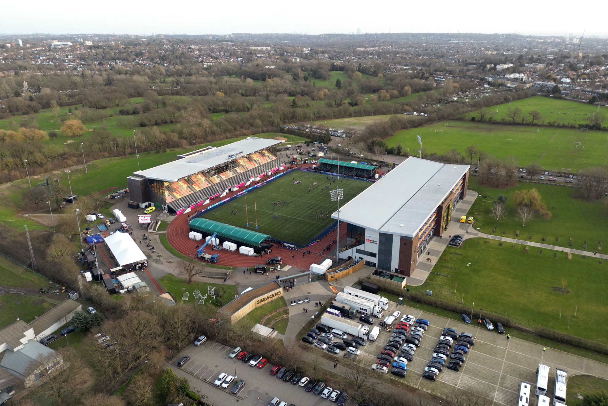 An aerial view of the StoneX Stadium, home of Sarcens