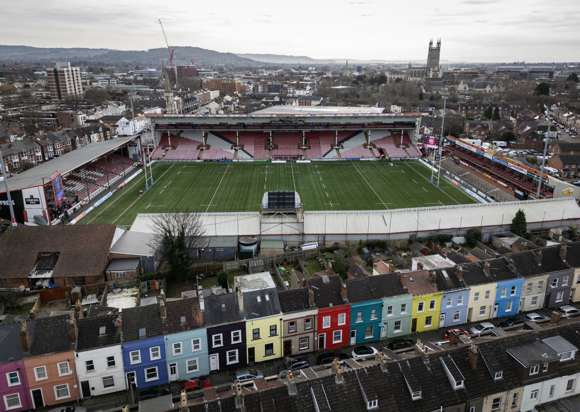 An aerial view of Kingsholm, home of Gloucester Rugby.