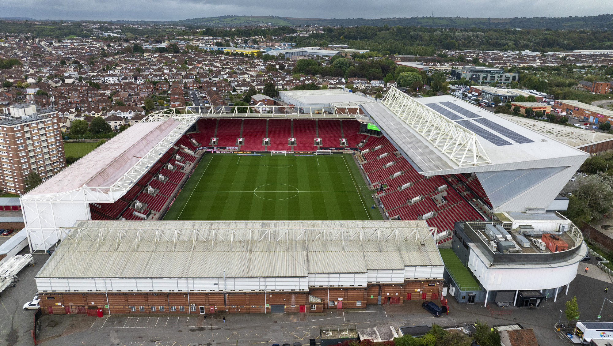 A drone shot of Bristol City/Bristol Bears' Ashton Gate Stadium