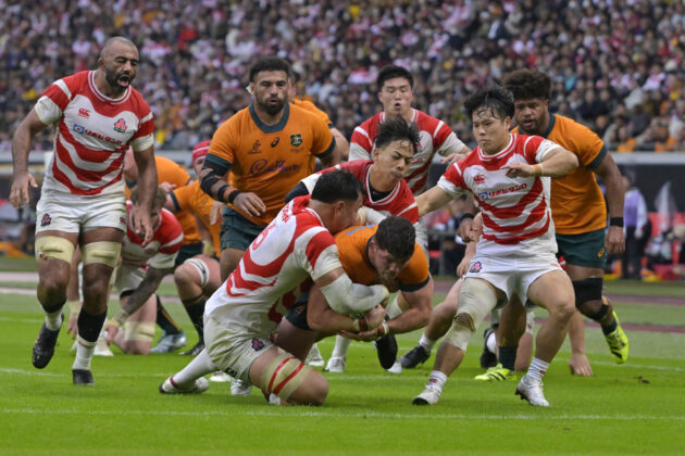 Australia's Josh Nasser is tackled by Japan's Ben Gunter during the October 2025 Test match in Sendai, Japan