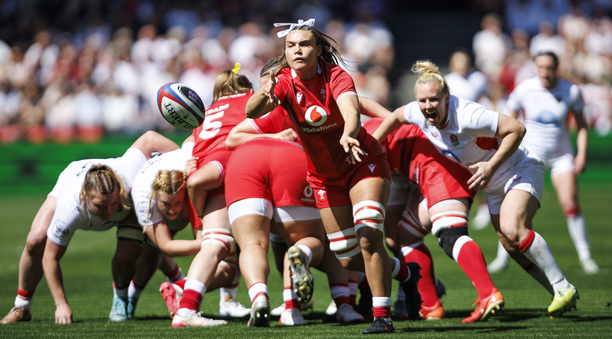 Wales' Bryonie King passes the ball during the 2026 Women's Six Nations match against England in Bristol