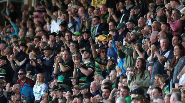 Northampton Saints fans celebrating at the 2026 PREM semi-final victory over Leicester Tigers