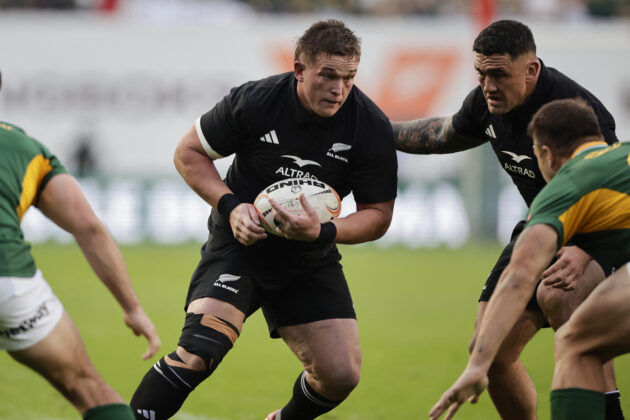 New Zealand's Ethan de Groot runs with the ball during the first Rugby's Greatest Rivalry Test against South Africa