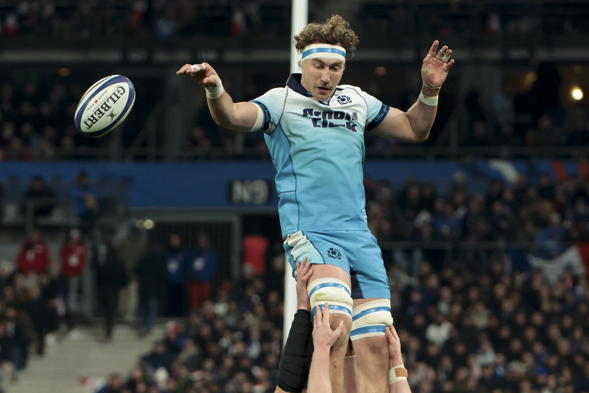 Scotland's Jamie Ritchie jumps for the ball during the March 2026 Six Nations match against France.