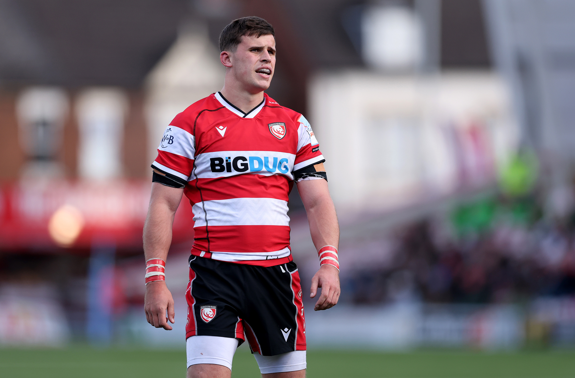 Seb Atkinson of Gloucester Rugby standing on the field in the October 2025 Gallagher PREM match against Northampton Saints.