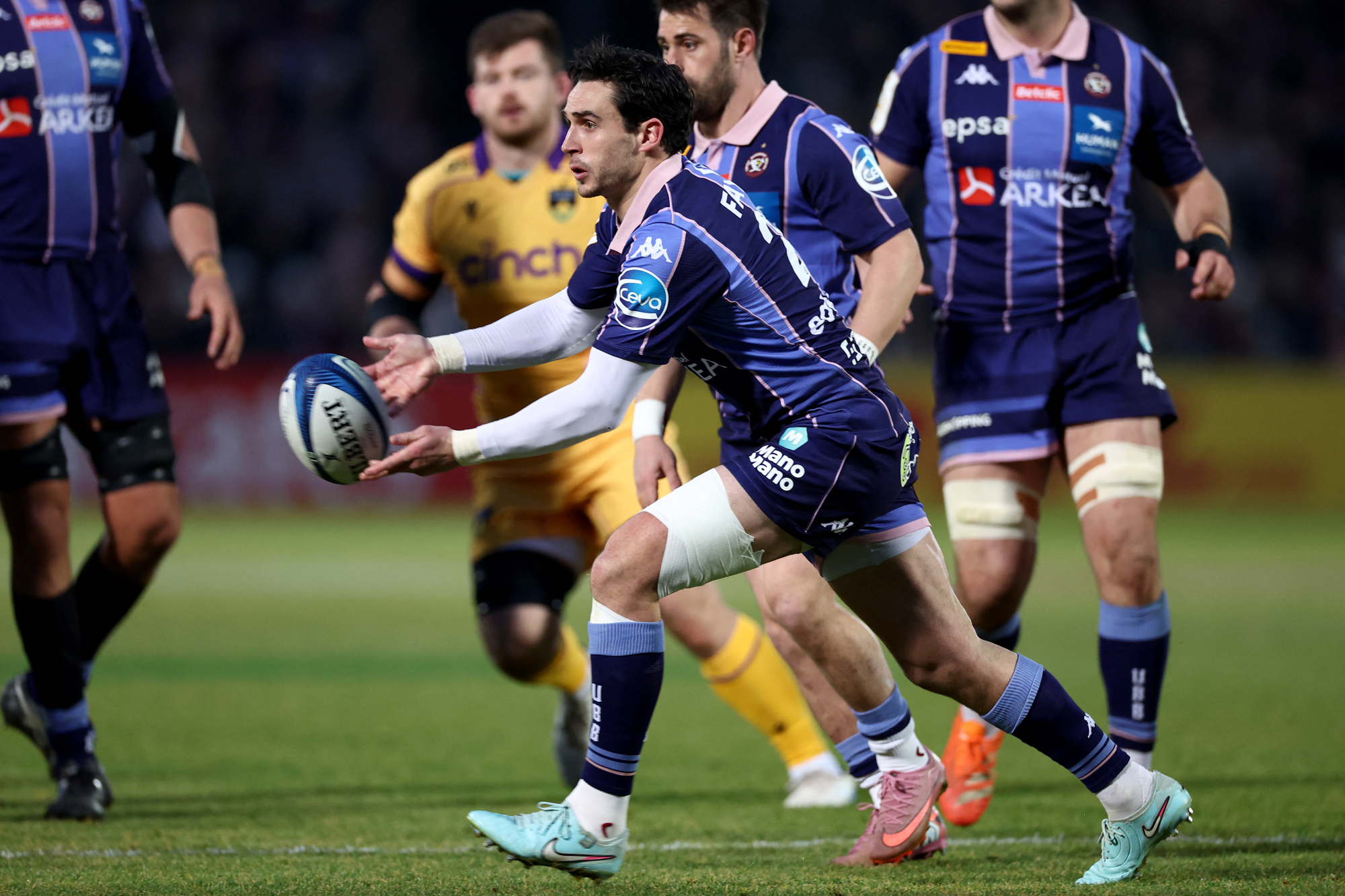 Bordeaux-Bègles' Joey Carbery passes the ball during a January 2026 Champions Cup match against Northampton Saints