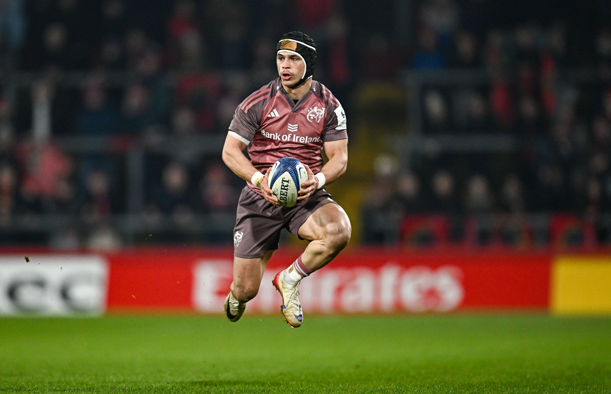 Munster's Thaakir Abrahams takes the ball during the January 2026 European Champions Cup match against Castres