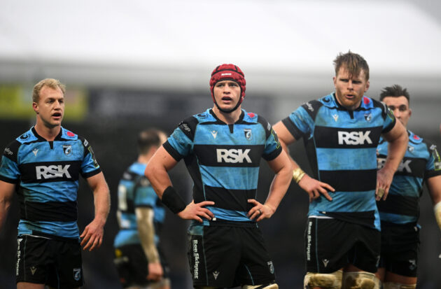 Cardiff Rugby’s James Botham and Josh McNally standing on the pitch during a January 2026 European Challenge Cup game against Exeter Chiefs