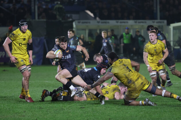 The Ospreys's Reuben Morgan-Williams makes a break to score a try during the January 2026 URC match against Dragons.