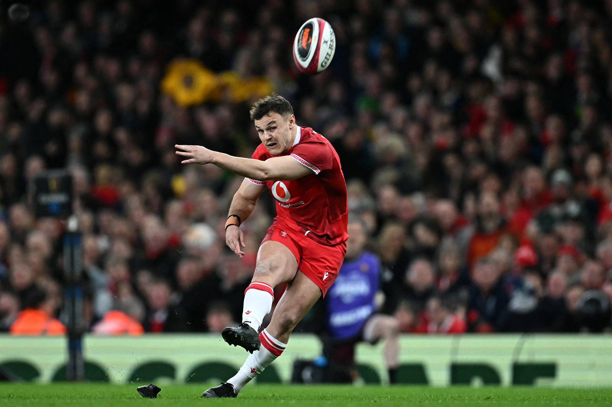 Wales' Jarrod Evans kicks a penalty during the 2026 SIx Nations match against Scotland.