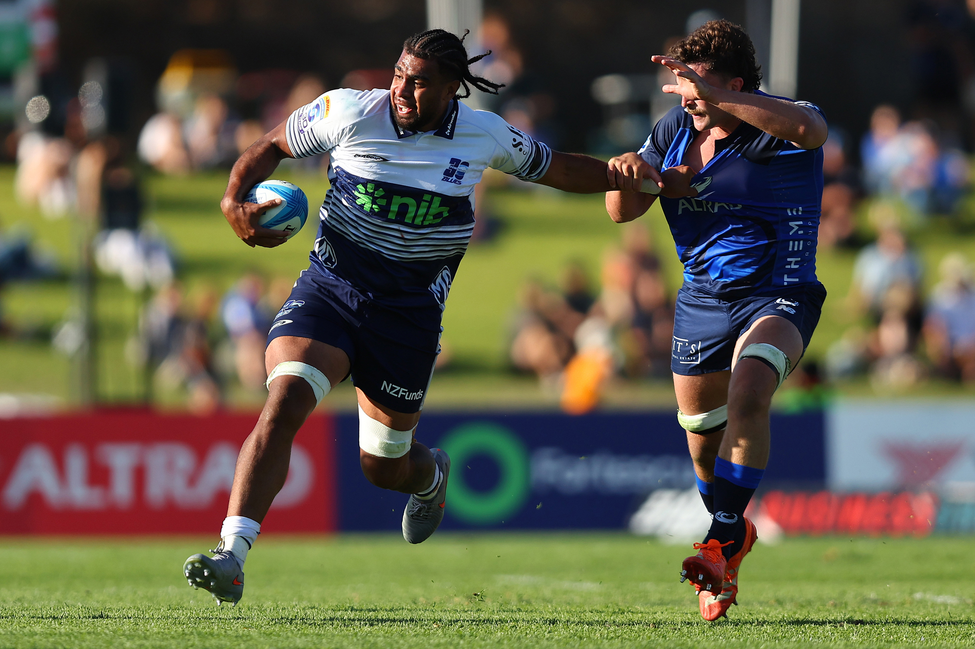 Hoskins Sotutu of the Blues runs with the ball during the February 2026 Super Rugby match against Western Force