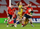Zebre Parma's Bautista Stavile challenges Munster's Seán O'Brien during the February 2026 URC encounter
