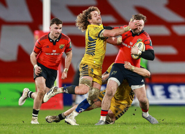Zebre Parma's Bautista Stavile challenges Munster's Seán O'Brien during the February 2026 URC encounter