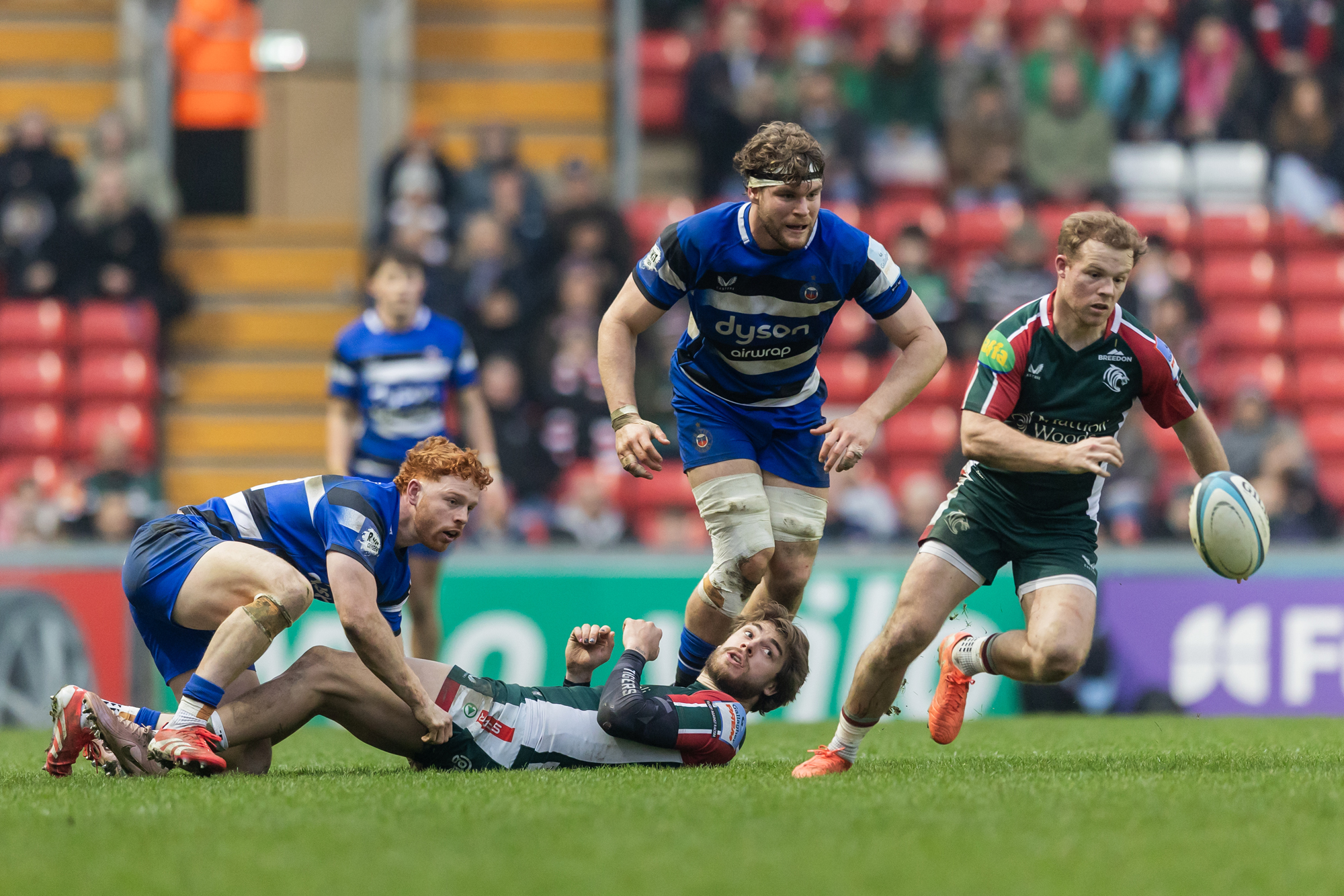 Leicester Tigers' Tom Whiteley runs away from Bath's Ethan Staddon during the March 2026 PREM Rugby Cup match