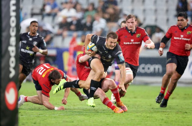 The Sharks André Esterhuizen is tackled during the March 2026 URC match against Munster