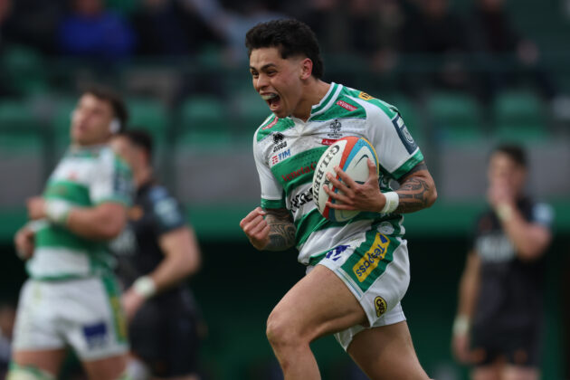 Jacob Umaga of Benetton celebrates as he runs in a second-half try against Ospreys in a March 2026 URC match
