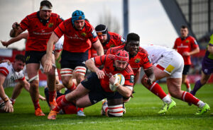 Munster's John Hodnett touches down a try during the April 2026 URC match against Ulster.