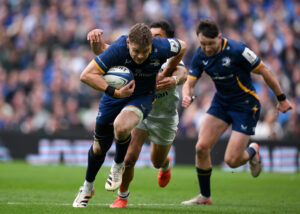 Leinster's Garry Ringrose runs with the ball during the May 2026 European Champions Cup match against Toulon.
